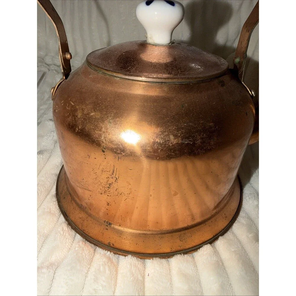 Vtg Copper Tea Kettle Porcelain Handle & Lid Knob Decorative Teapot Pantina